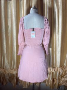 Pink Smocked Sleeve Sweetheart Neck Dress