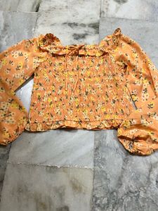 Orange Floral Smocked Puff Sleeve Top