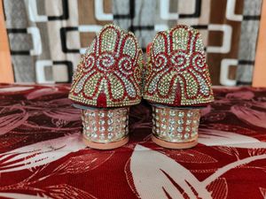 Embellished Red &amp; Gold Flat Shoes