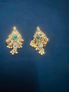 Traditional Gold Tone Earrings with Green Stones
