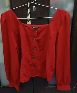 Red Square Neck Button-Up Top