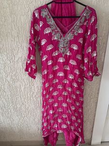 Vibrant Pink Kurta Set with Silver Print
