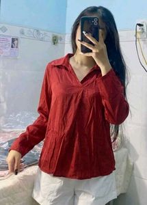 Stylish Red V-Neck Long Sleeve Top