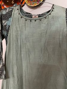 Pista Green And Grey Floor Length Kurti