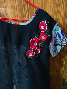 Stylish Black Kurta Set with Floral Embellishment