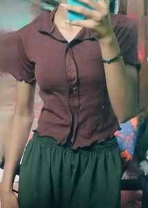 💗Brown Mesh Button-Up Crop Top💗