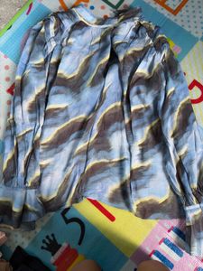 Blue Abstract Print Bell Sleeve Top