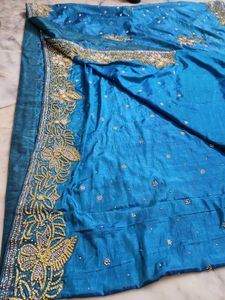 golden Dimond work light blue color Saree