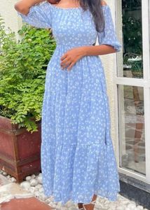 Blue Floral Off-Shoulder Maxi Dress