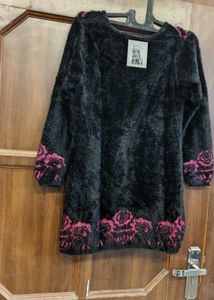 Black Faux Fur Kurta with Pink Embroidery