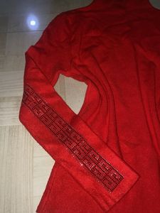 Red Mock Neck Top with Embellishment