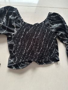 Black Satin Script Print Crop Top