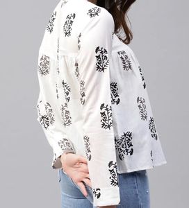 White Block Print Kurta Top