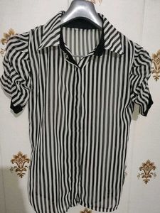 Striped V Neck Short Puff Sleeve Top