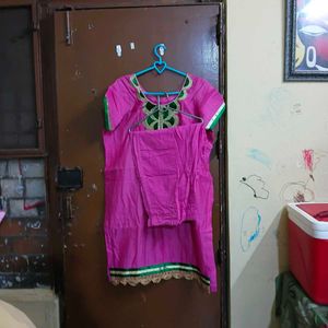 Pink Kurta Set with Green Embroidery