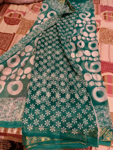 Teal Saree with White Abstract Print