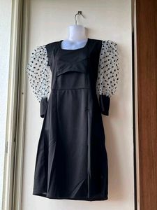 Chic Black Polka Dot Puff Sleeve Dress(XS)