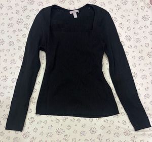 Black Ribbed Square Neck Top