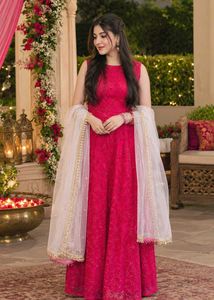 Elegant Pink Lace Gown with Dupatta