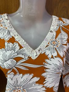 Orange Floral Print V-Neck Top