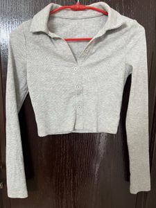 Grey Cropped Collared Button-Up Top