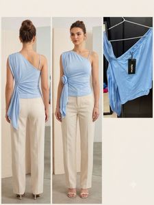 Chic Blue One-Shoulder Draped Top