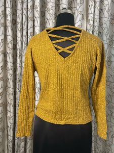 Yellow Ribbed Tie-Front Top