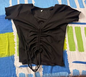 Black Ruched V-Neck Crop Top