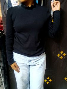 Navy Blue Turtleneck Top with Ruffle Neck