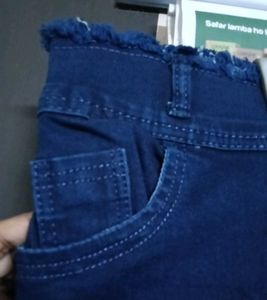 Blue Denim Shorts with Frayed Hem