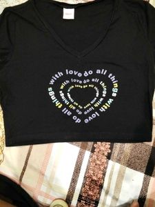 Black V-Neck T-Shirt with Heart Print
