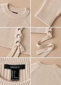 CREAM LACE-UP SIDE CROPPED KNIT SWEATER