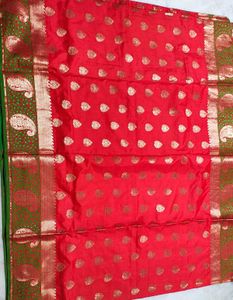 Vibrant Red Silk Saree with Green Border