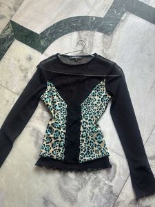 Y2K Leopard Print Lace detail Top