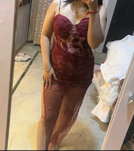Burgundy Lace Dress with Sheer Overlay