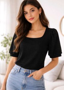 Chic Black Puff Sleeve Square Neck Top