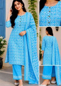 Blue Printed Cotton Kurta Set with Dupatta