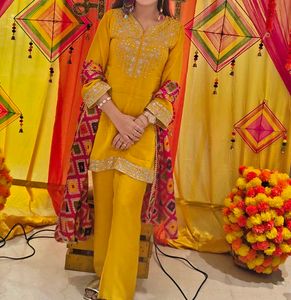 Yellow Embroidered Kurta with Pants