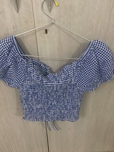 Blue Checkered Off-Shoulder Top
