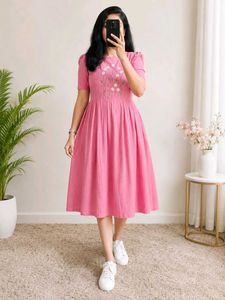Charming Pink Embroidered Midi Dress_XL