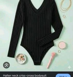 Black Ribbed V-Neck Bodysuit