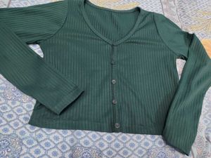 Green Ribbed Button-Up Long Sleeve Top