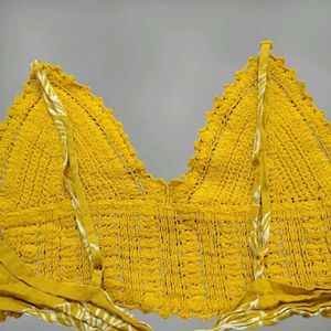 Yellow Crochet Crop Top with Tie Back