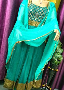 Elegant Teal Anarkali Suit with Gold Embellish