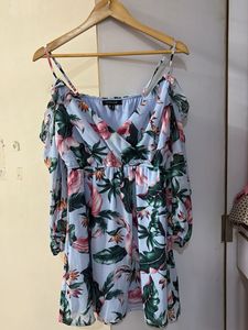 Light Blue Floral Cold Shoulder Dress