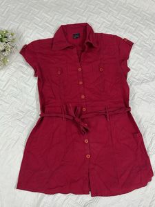 Chic Maroon Short-Sleeve Belted Dress