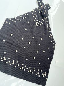 Black Pearl Embellished Halter Top
