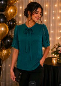 Elegant Teal Bow Neck Top