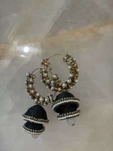 Black Jhumka Hoop Earrings with Pearls