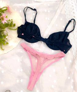 Cute Black Bra with Pink embroidery &amp;thong set